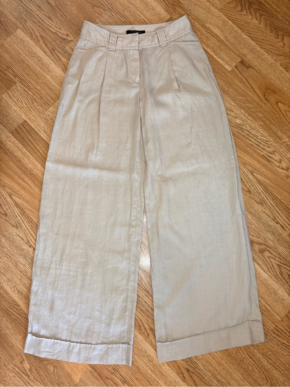 Elie Tahari Beige Wide Leg Ramie Pants Pleated Cuffed 0